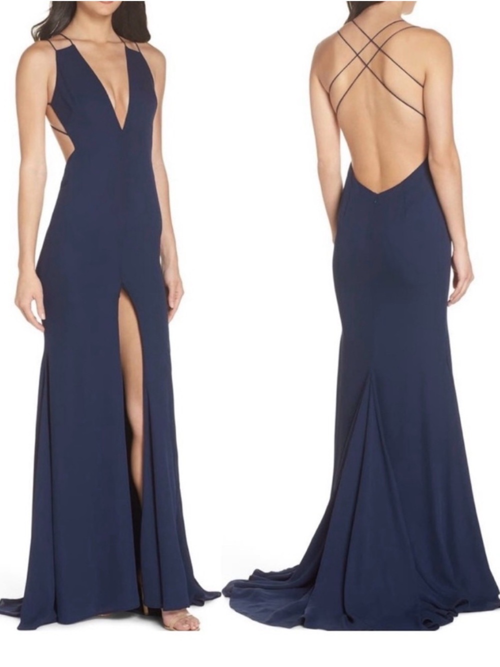 Midnight Navy Plunge Prom Gown with Crisscross Back